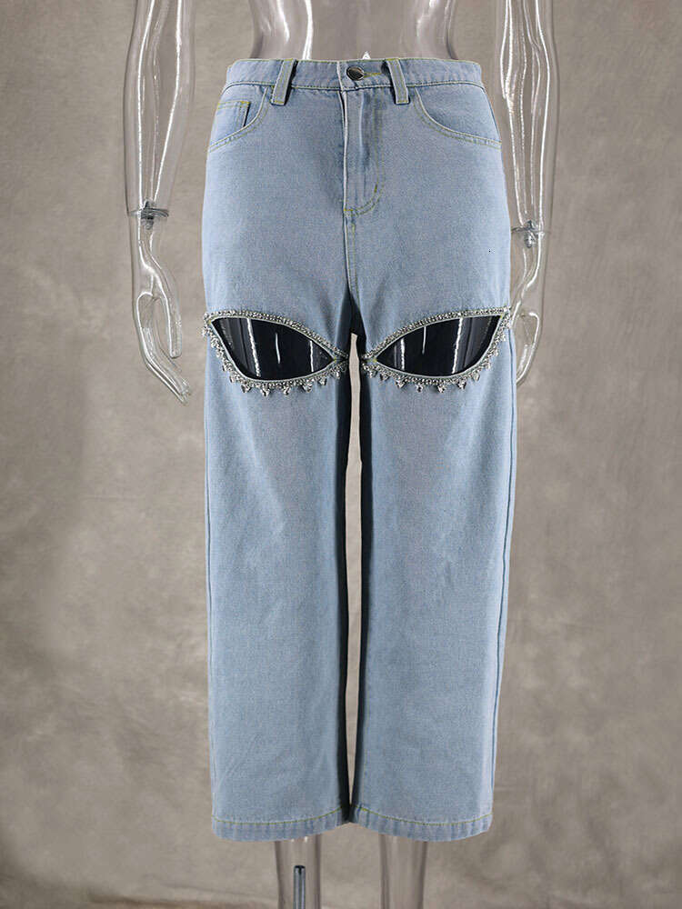 Mode, trendig, heiß, Diamant-Design, blau, Distressed-Entspannung, hohe Taille, weites Bein, Hose, Frühling 2024, ausgehöhlte Jeans für Damen