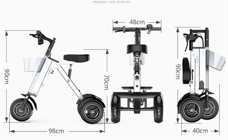 Draagbare elektrische fiets driewieler 36V 450W opvouwbare elektrische scooter met 3 wielen voor volwassenen 10 inch met hydraulische schokdemper