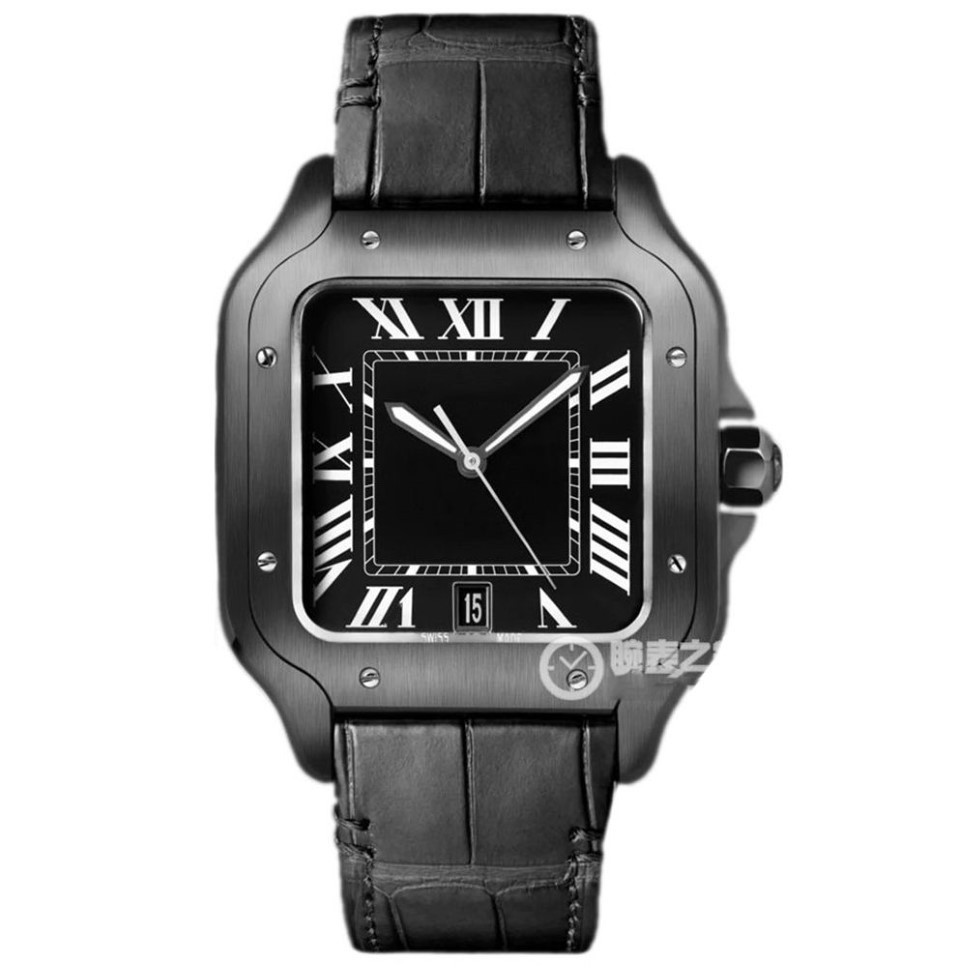 Relógio automático asiático de alta qualidade 39 8mm relógio masculino preto mostrador romano pulseira de couro preto safira vidro fivela dobrável cale171e