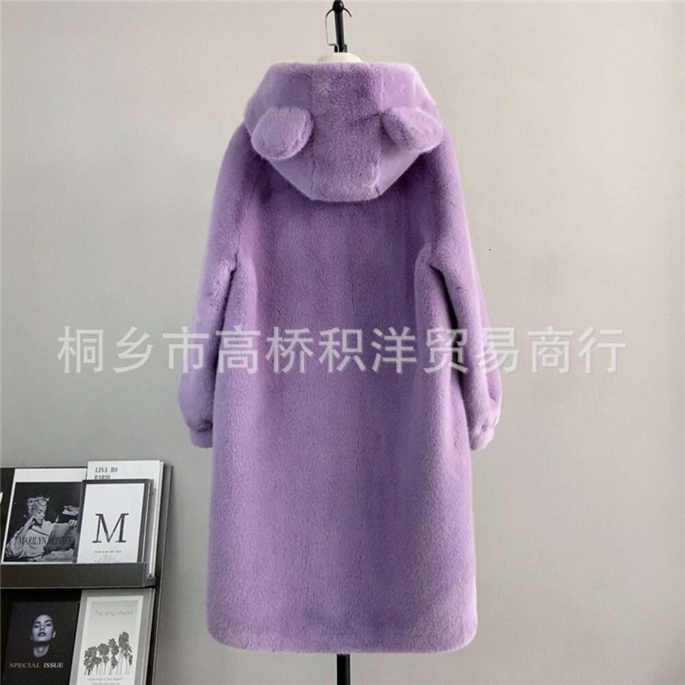 Nuovo Haining Autunno Inverno, Cappotto lungo in pelliccia di visone ecologico donna, cappuccio carino, orecchie larghe e calde 900132