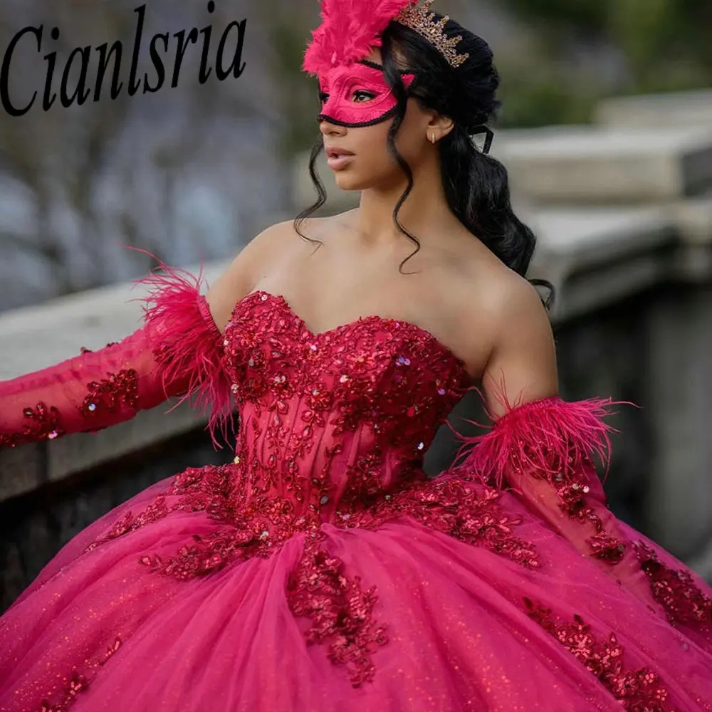 Piume fucsia maniche staccabili s staccabili Quinceanera abiti da ballo perline Appliques Crystal Lace Princess dolce 15 compleanno