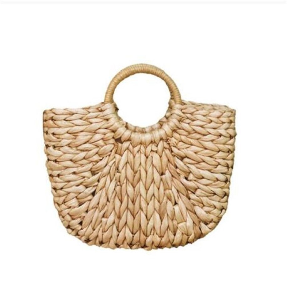 Simple Straw Handbag for Girls Summer Beach Travel Hand Bag Half Moon Hand Woven Rattan Handbags Round Handle Bags240d