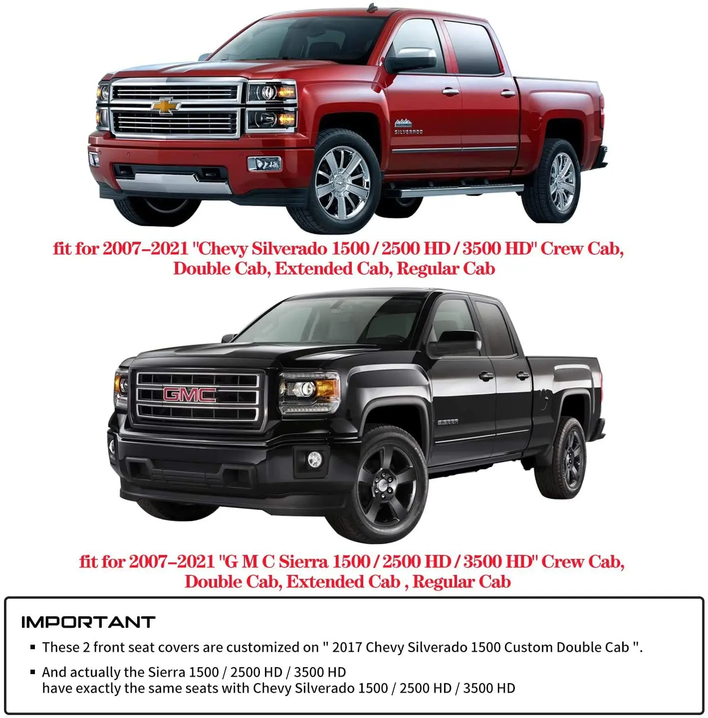 Koltuk Kapakları 2007-2021 Silverado 1500 2500HD 3500HD GMC Sierra