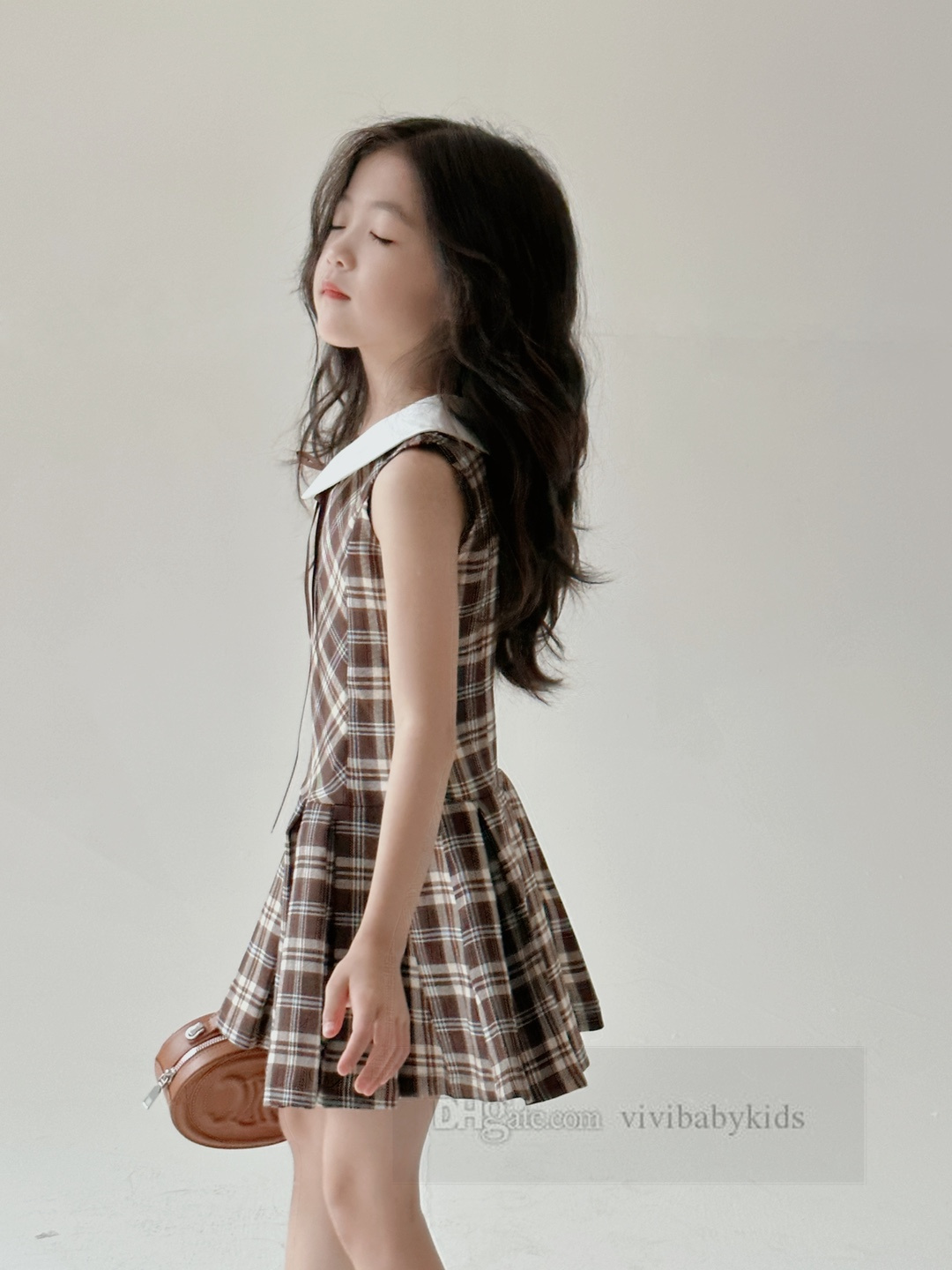 Preppy Style Girls Plaid Vest Dresses Kids Patchwork Color Lapel Sleeveless Pleated Dress 2024 Summer Children Princess Clothes Z6987