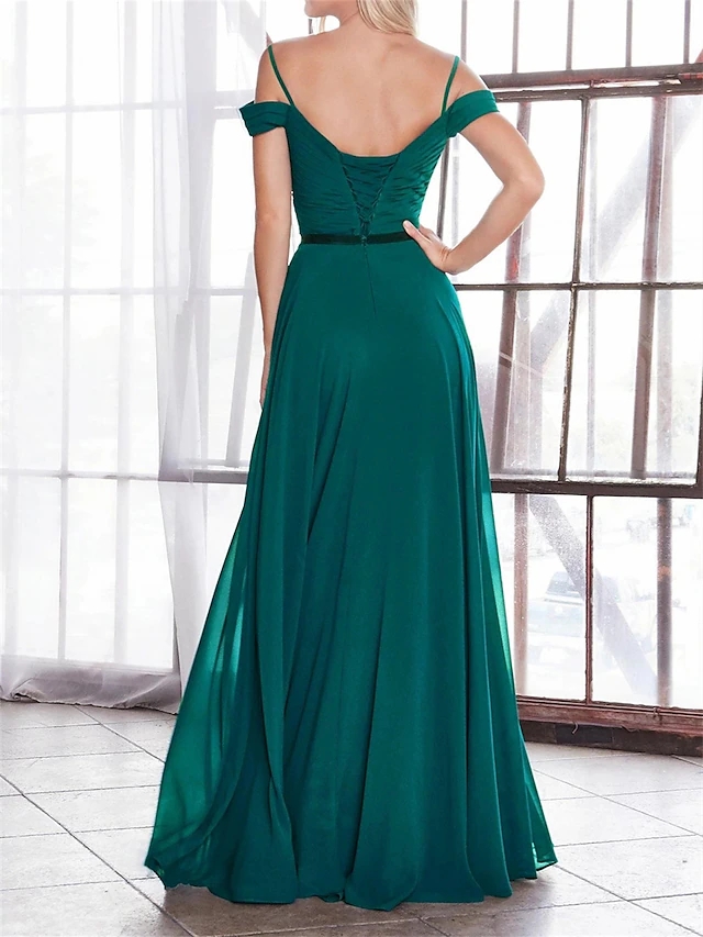 Hunter Green Off Shoulder Bridesmaid klänningar med remmar en linje chiffong veck golvlängd piga av hedersklänningar kvinnor formella bröllop gäst prom klänning cl3364