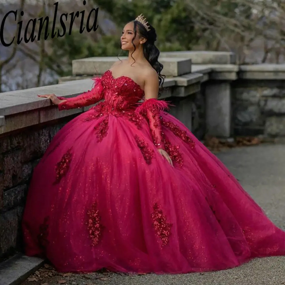 Piume fucsia maniche staccabili s staccabili Quinceanera abiti da ballo perline Appliques Crystal Lace Princess dolce 15 compleanno