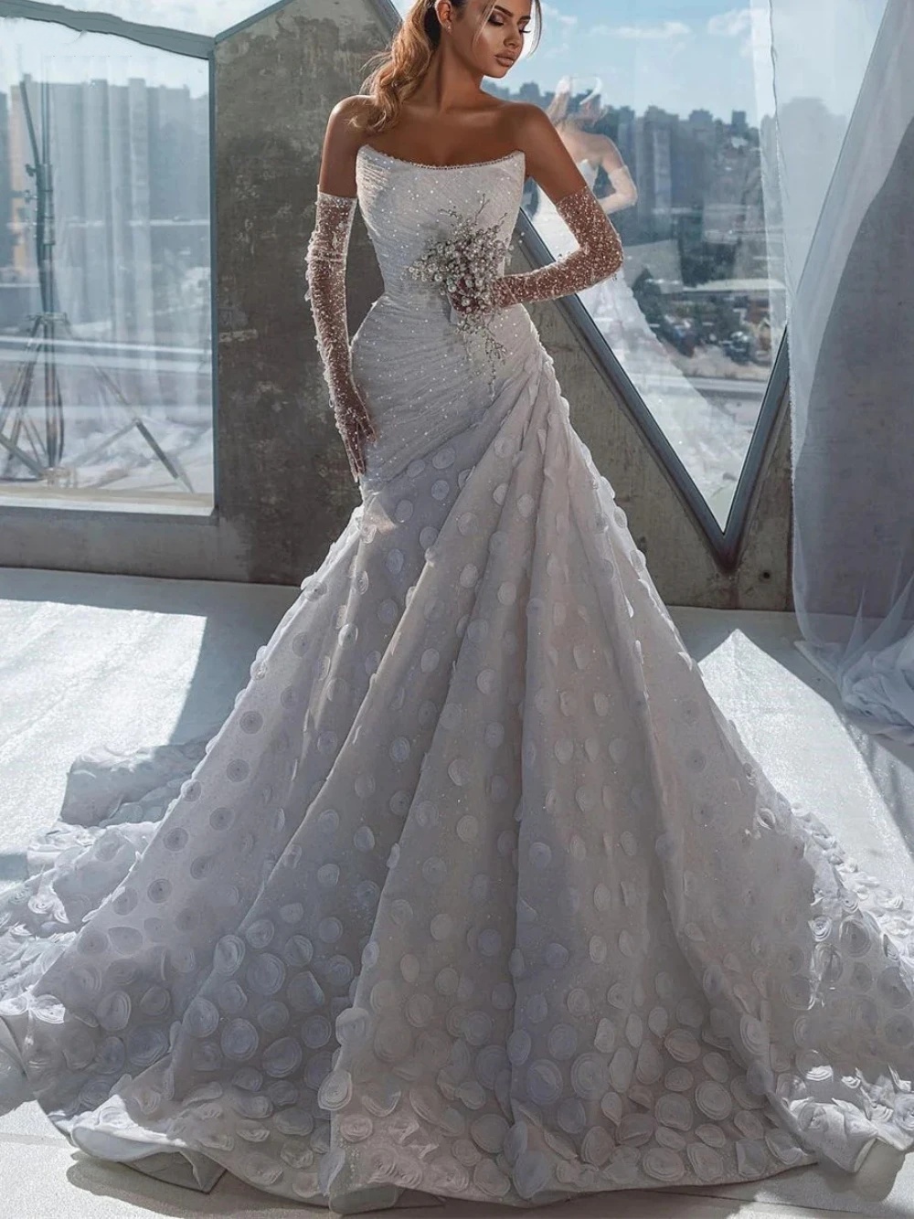 Robe de mariée sirène élégante, à paillettes, sans bretelles, avec des Appliques florales 3D brillantes, sur mesure