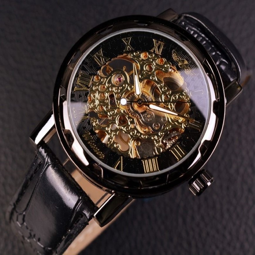 Vincitore Orologio da uomo in oro nero Orologio da uomo Relog Skeleton s Orologi Top Brand Luxury Montre Orologio da polso in pelle Orologio meccanico 220423317v