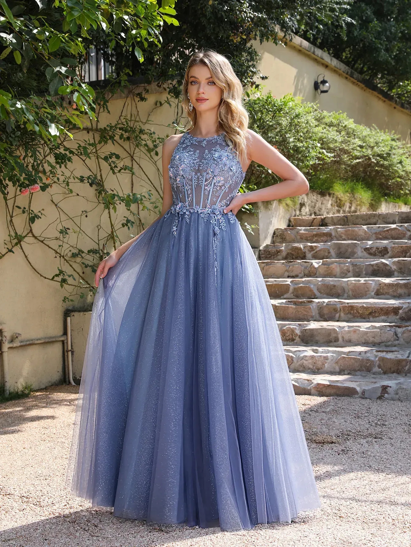 Ocean Blue Hollow Backless Prom Dresses A Line Appliques Sheer Jewel Neck Tulle Long Evening Gowns With Appliques CPS3039 YD