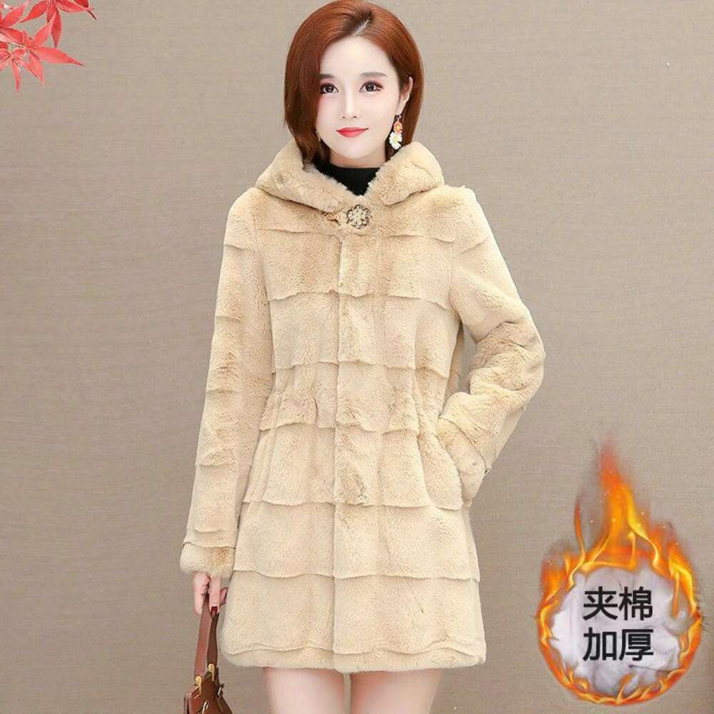 Autumn Winter Haining Imitation Fleece Fur For Women's Mid Length Loose Hooded Thick And Environmentally Friendly Danish Mink Coat 577286