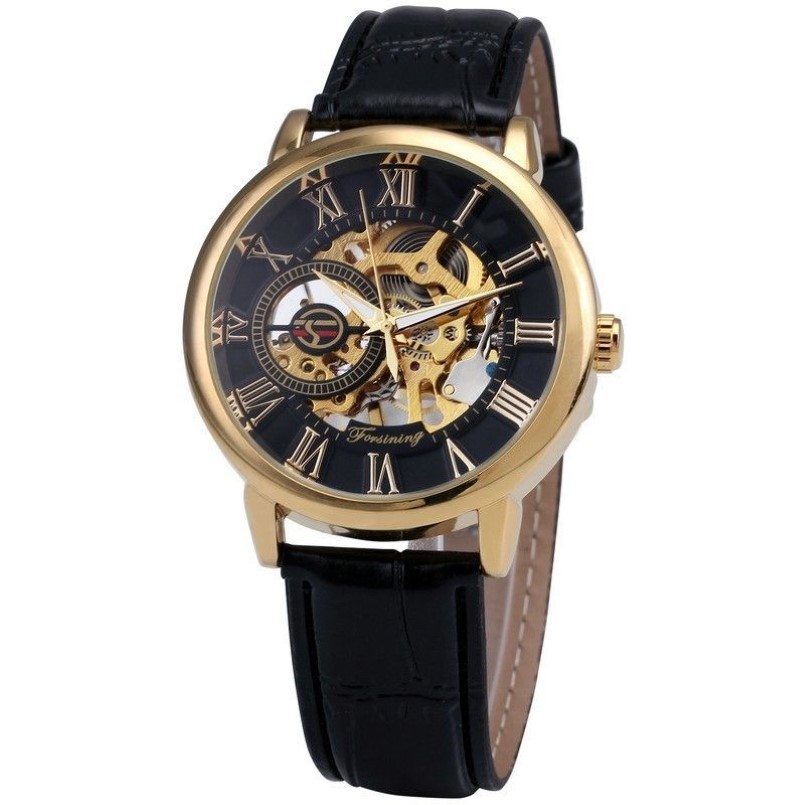 Forsining 3d Logo Design Hollow Engraving Black Gold Case Skeleton Mechanical Men Watches Heren Leather Strap Heren Horloge Y19052278J