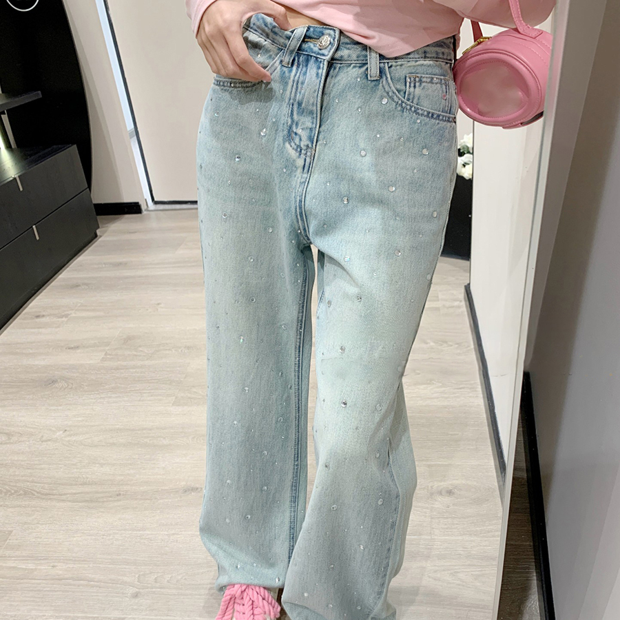 Womens designer jeans high waisted skinny jeans with white lapel letter design and straight length Denim pants