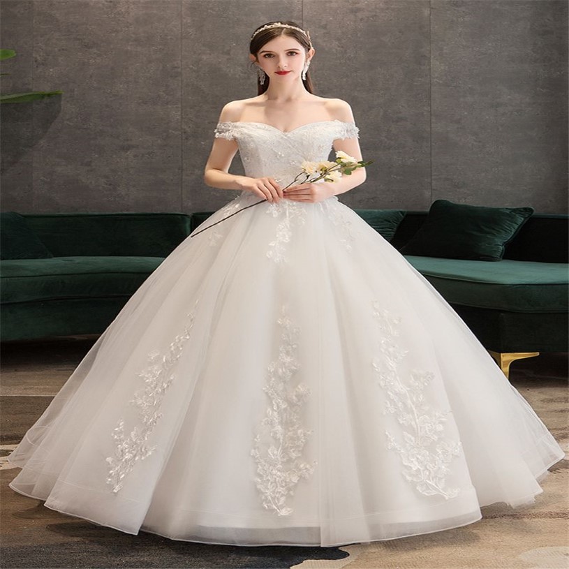 Plus la taille dentelle fleurs Peals robes de mariée simples robes de mariée élégantes robe de mariée Boda robe de mariée col bateau hors épaule242e