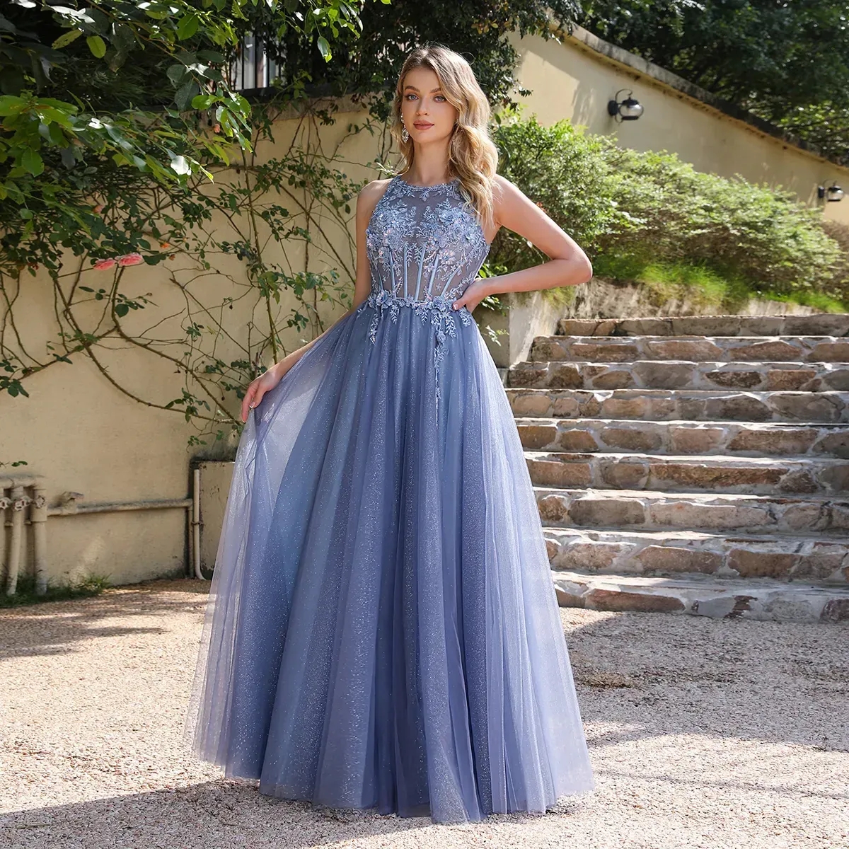 Ocean Blue Hollow Backless Prom Dresses A Line Appliques Sheer Jewel Neck Tulle Long Evening Gowns With Appliques CPS3039 YD