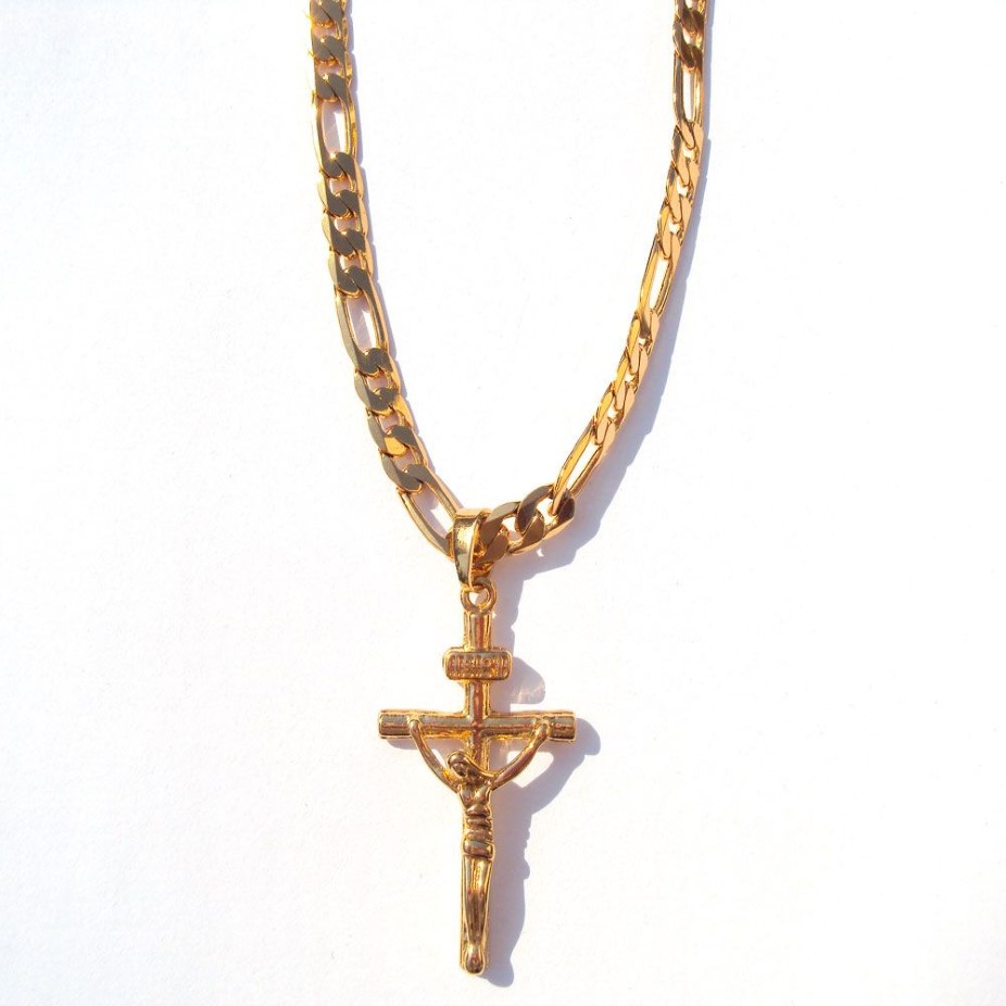 Collier chaîne à maillons Figaro italien en or massif 18 carats G F 4 mm 24 pendentif croix crucifix de Jésus pour femme et homme 287o