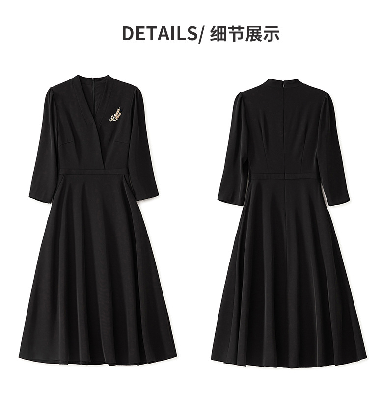 2024 Spring Black Solid Color Dress 3/4 рукав V-образный вырезок MIDI повседневные платья W4M053210