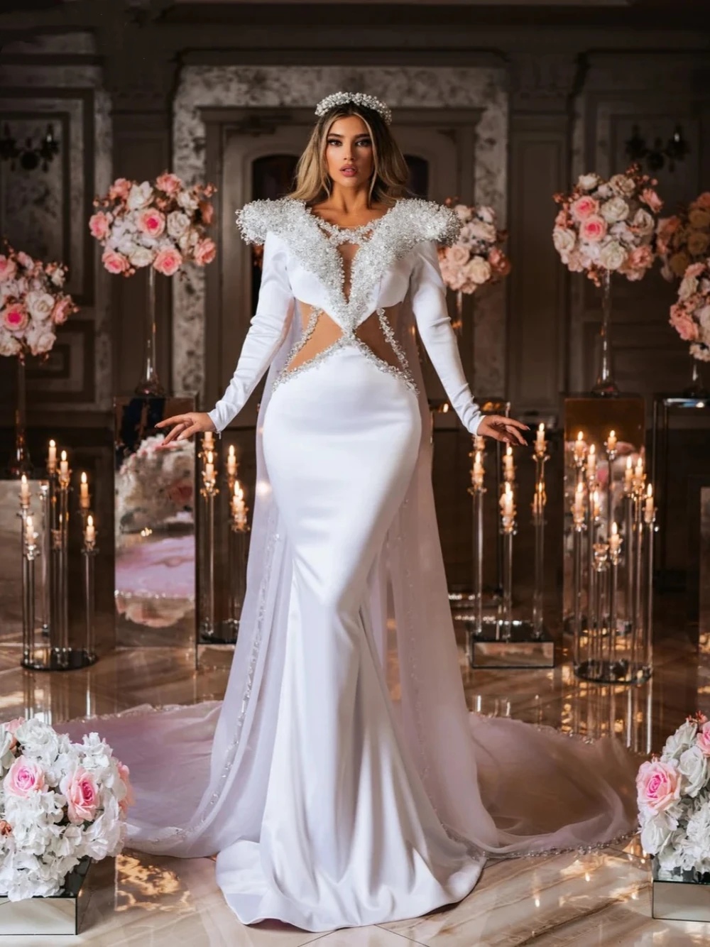 Robe de mariée sirène à la mode, en cristal, manches longues, col en V, robes de mariée perlées avec Cape, sur mesure, grande taille