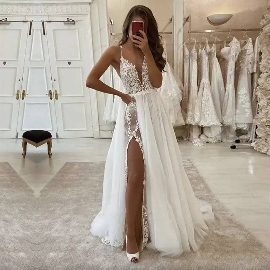 2024 Boho Hochzeitskleid Spaghettiträger Applikationen Spitze Böhmische Brautkleider Spitze Brautkleider Hochzeitskleid