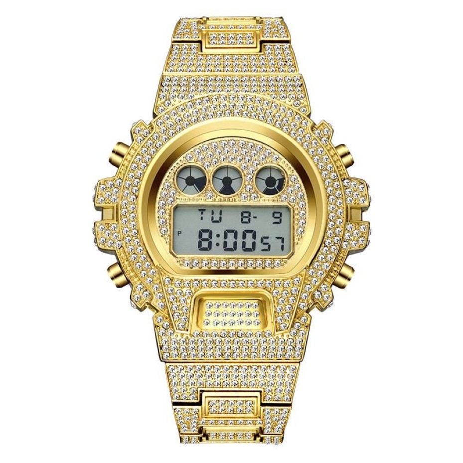 Iced Out Diamond Watch Мужские Роскошные светодиодные цифровые мужские часы Водонепроницаемые спортивные наручные часы Мужские модные мужские часы из 18-каратного золота из стали Wris250o