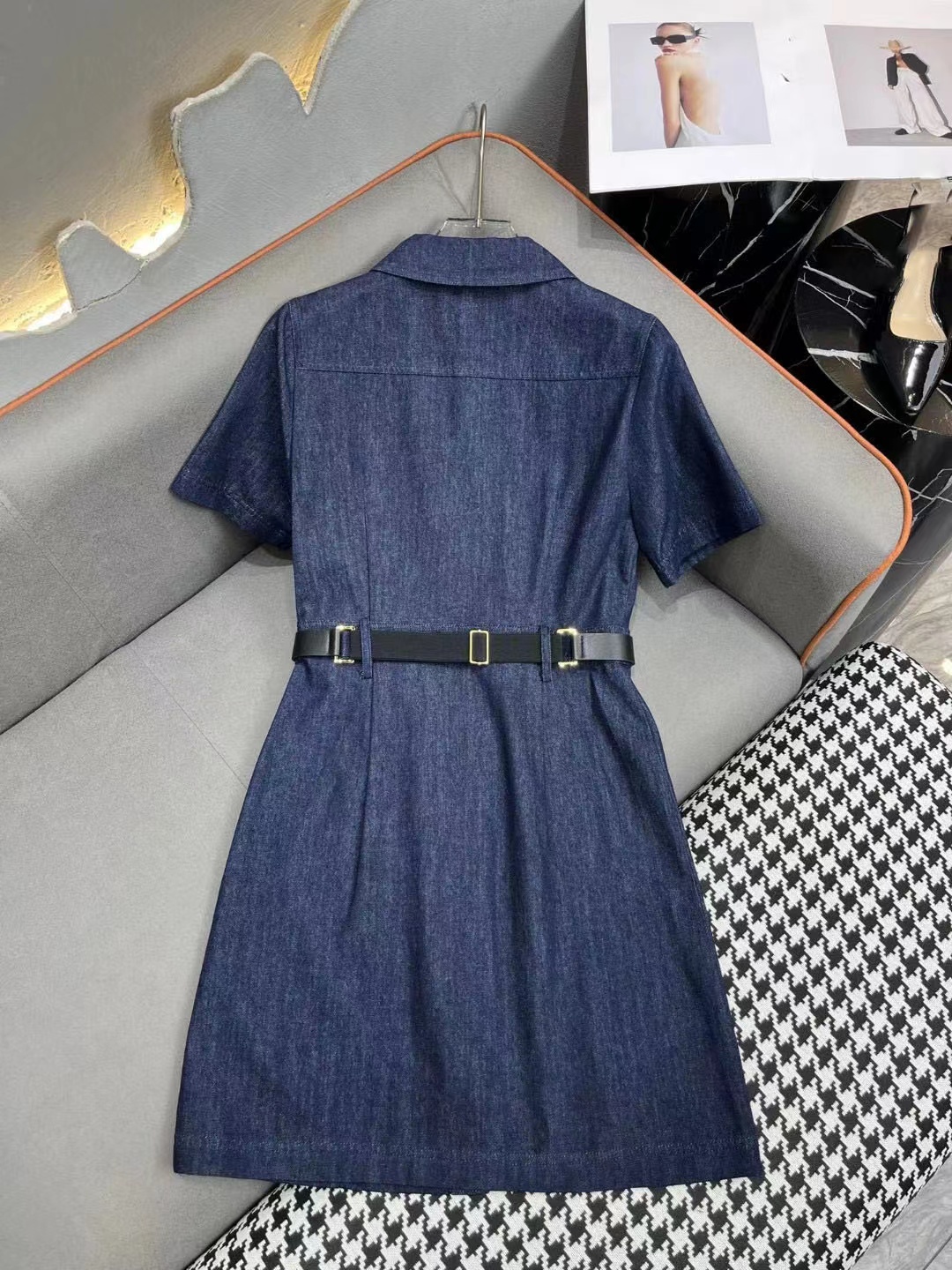 Milan runway vestido 2024 azul lapela pescoço denim mangas curtas magro faixas cinto vestidos longos férias de festa 30813