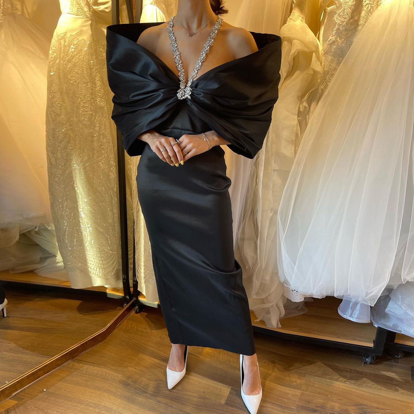 Robe De bal sirène noire élégante, gaine, col licou, manches courtes, cristal, longueur cheville, robes De soirée, 2024