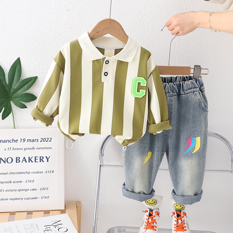 Kids casual clothes sets boys letter embroidery stripe long sleeve POLO shirt colorful Graffiti jeans 2024 children outifts Z7030