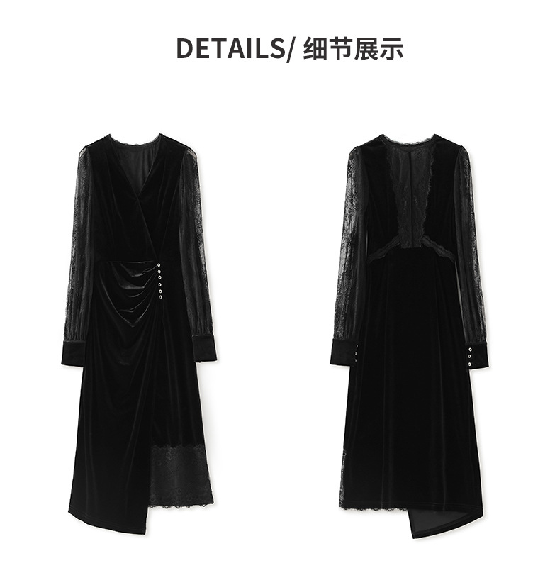 2024 Spring Black Solid Color Dress Long Sleeve V-Neck spetsknappar MIDI Casual Dresses W4M055101