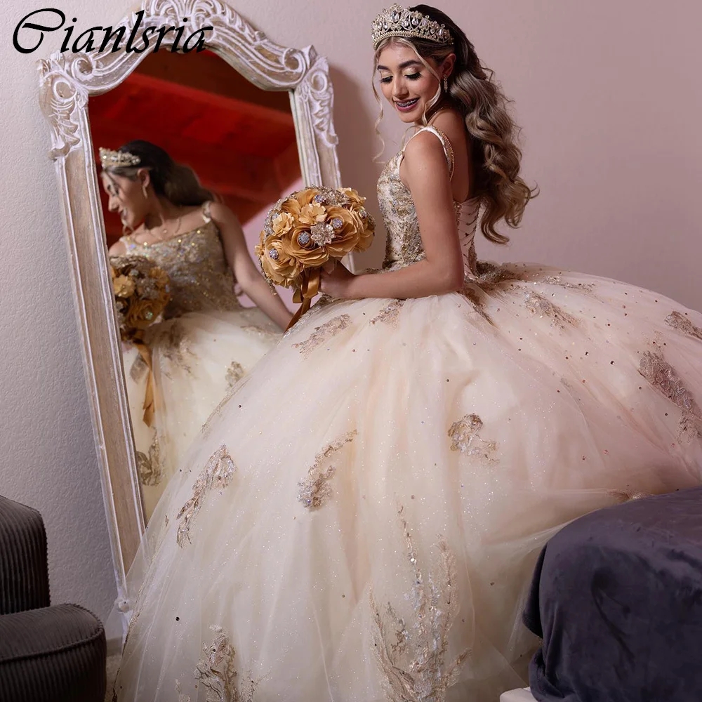 Champagne Crystal Beading Bow Ball Gown Quinceanera Dresses Sleeveless Appliques Lace Corset Vestidos DE 15 ANOS