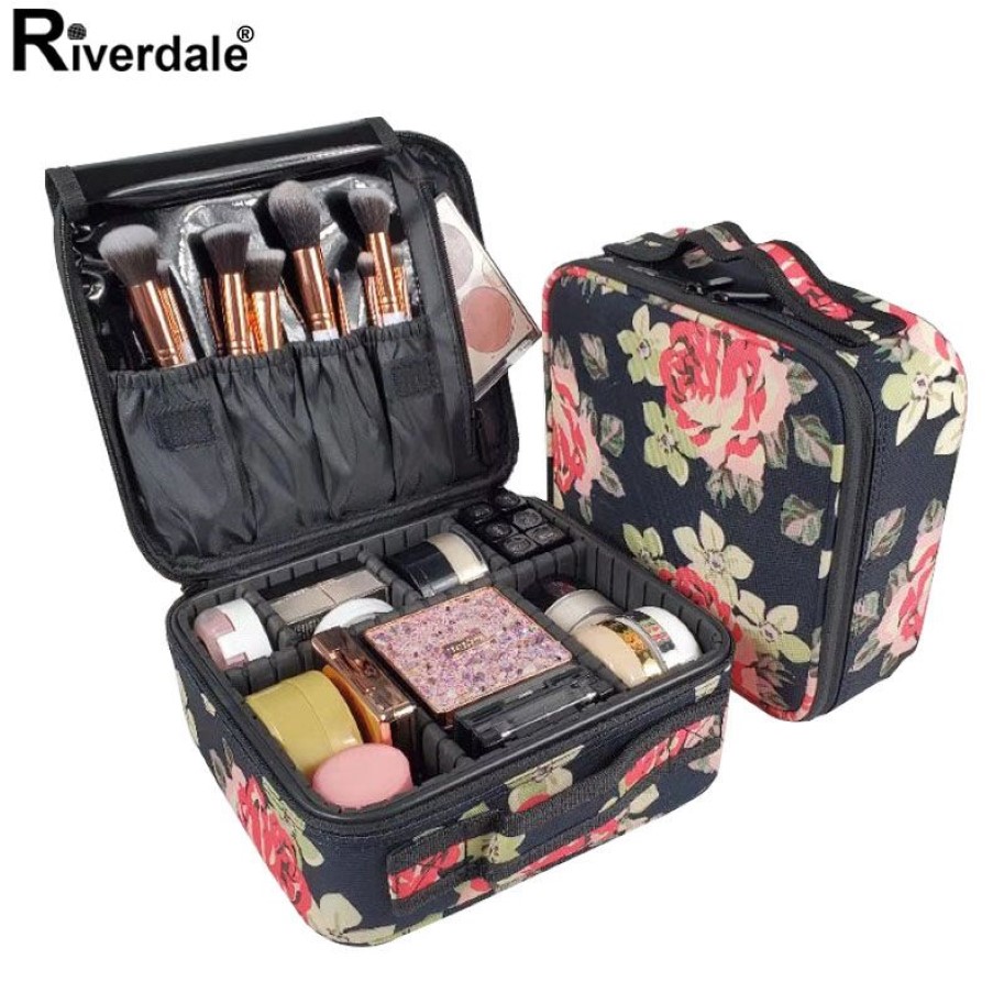 Estojo de maquiagem profissional com flor de rosa, mala de viagem completa para manicure, bolsa de cosméticos feminina organizadora para mulheres 2435