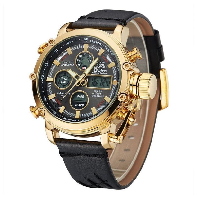Oulm Merk Luxe Top Horloges Mannen Dual Display Analoog Digitaal Horloge Mannelijke Lederen Kalender Alarm Quartz Horloge Man228z