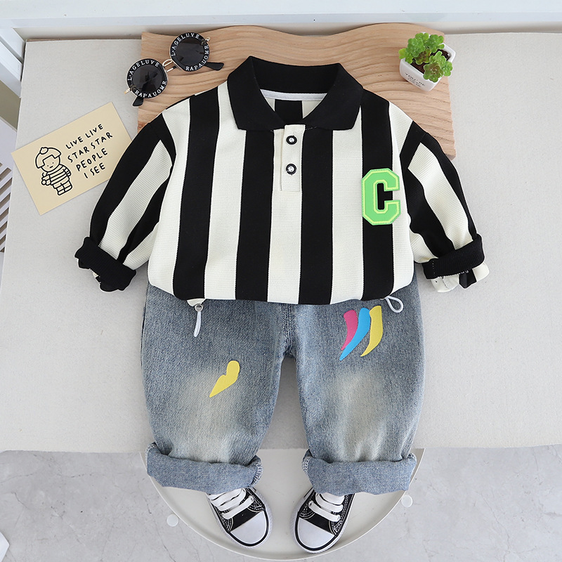 Kids casual clothes sets boys letter embroidery stripe long sleeve POLO shirt colorful Graffiti jeans 2024 children outifts Z7030