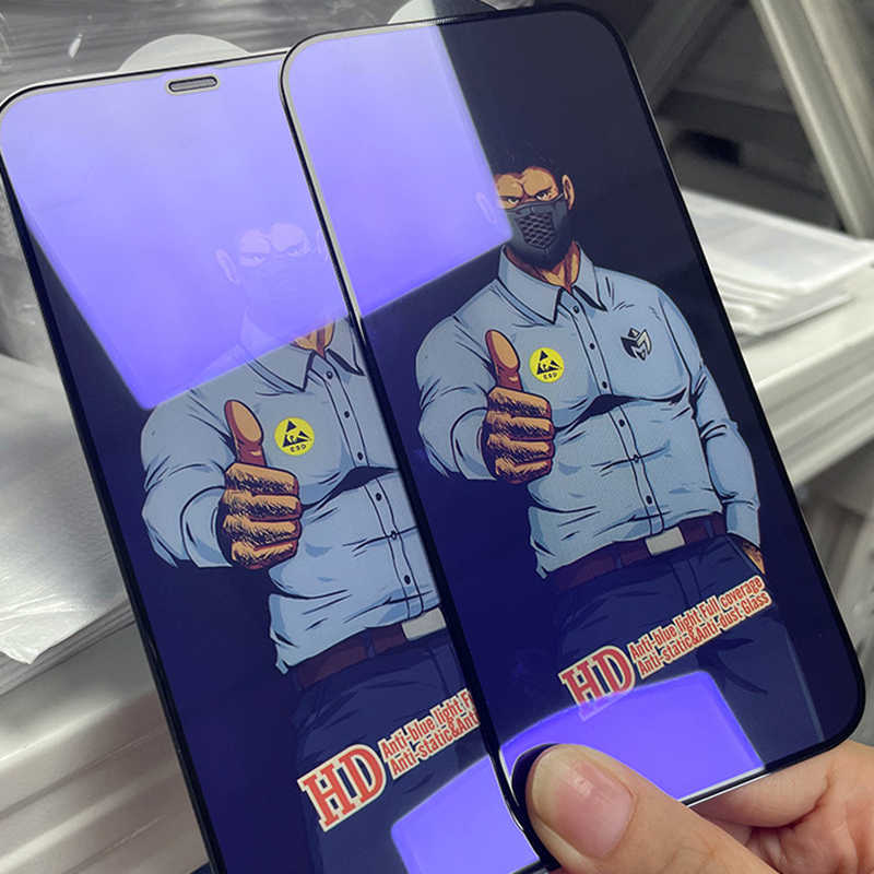 Vidro temperado anti-raio azul para iPhone 11 12 15 14 13 Pro Max 12 Mini XR XS Max Cobertura total Protetor de tela Capa à prova de poeira Película protetora 10 unidades / caixa