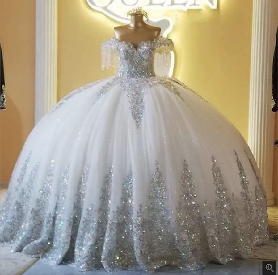 2024 Silber Glitzer Ballkleid Brautkleider Schulterfrei Spitze Tüll Applikation Brautkleid Lange Robe de Mariage