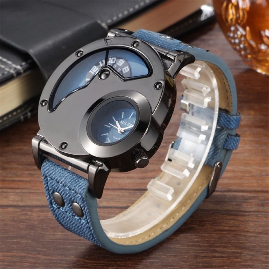 Fashion Cowboy Blue Denim Watches Men Sports Watches 2 Time Zone Leather Strap Quartz Wristwatches Man Watch Relogio Masculino 220275w