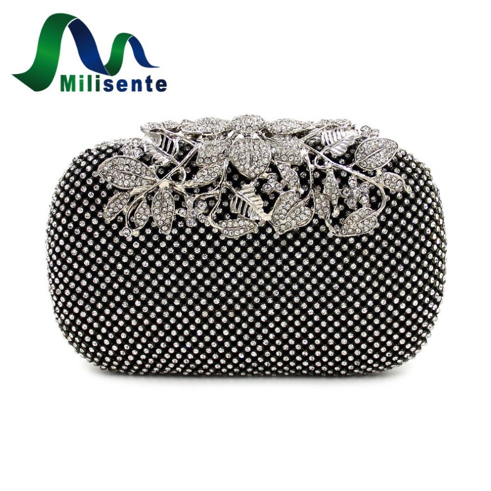 Evening Bags Whole- Milisente Women Rhinestone Handbag Flower Diamond Lady Wedding Party Clutches Purse Silver Gold Black Smal243g