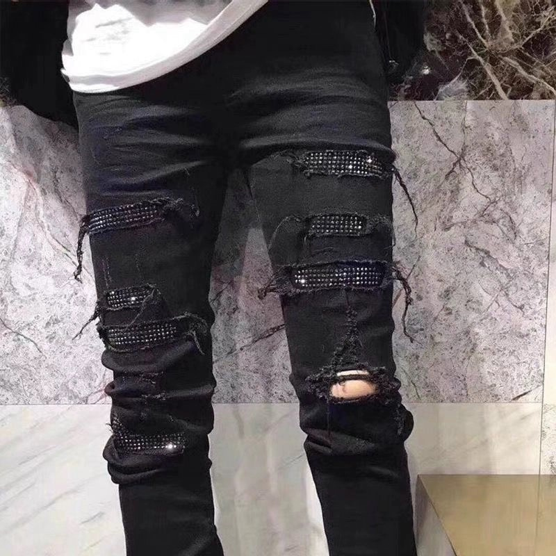 High Quality Luxury Hand Painted Ink Splashed Torn Worn Washed Blue Jeans High Street Straight Elastic Men & Women