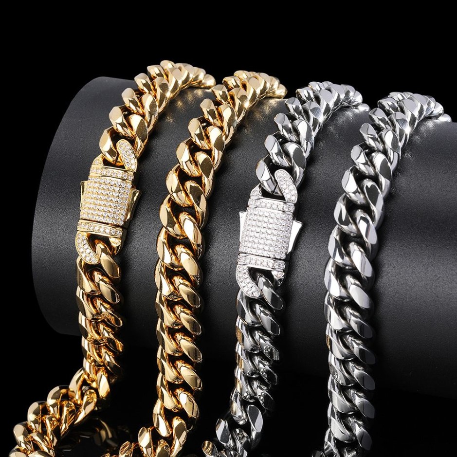 Trendy Mens Hip Hop Necklace 12mm 16 18 20 22 24 26 28 Gold Plated Stainless Stee Cubanl Chain Necklace Rapper Jewelry282C