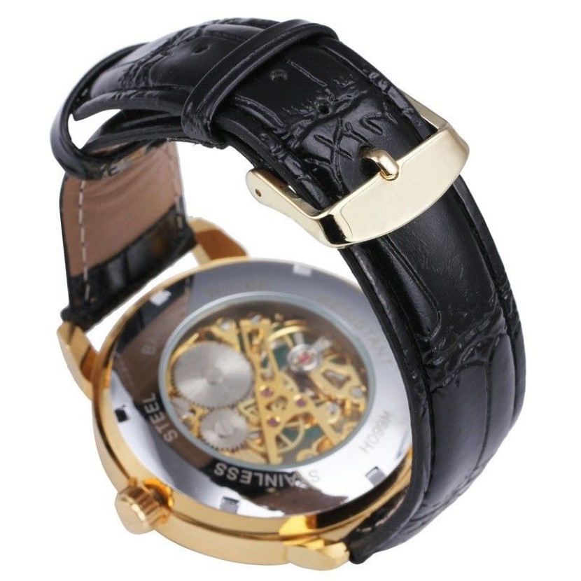 ForSining 3D Logo Design Hollow Gravering Black Gold Case Skeleton Mechanical Men Watches Heren Leather Strap Heren Horloge Y19052278J