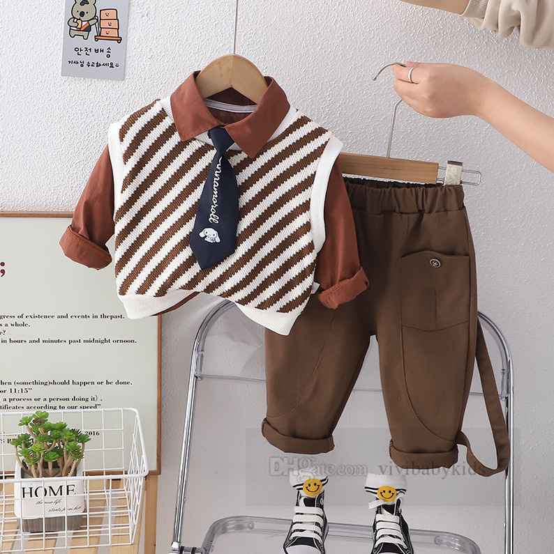 Preppy style toddler kids clothes sets little boys cartoo printed tie lapel long sleeve shirt stripe sweater vest pants 2024 spring childre outfits Z7035