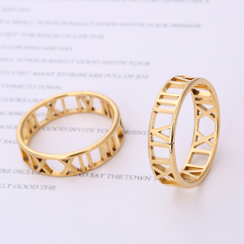 Elegante titanium stalen ring voor heren dames Uitgesneden roestvrijstalen ring met Romeinse cijfers Goud Zilver Geen vervaging Kleur Superhoge kwaliteit Fabriek Directe verkoopprijs 6 MM