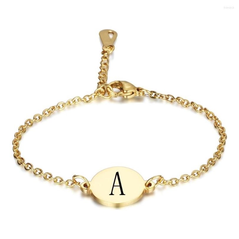 Bracelets à maillons dorés A-Z lettres gravées initiales pour femmes filles en acier titane 26 Alphabet rond pièce de monnaie bracelet bijoux de mode 307x