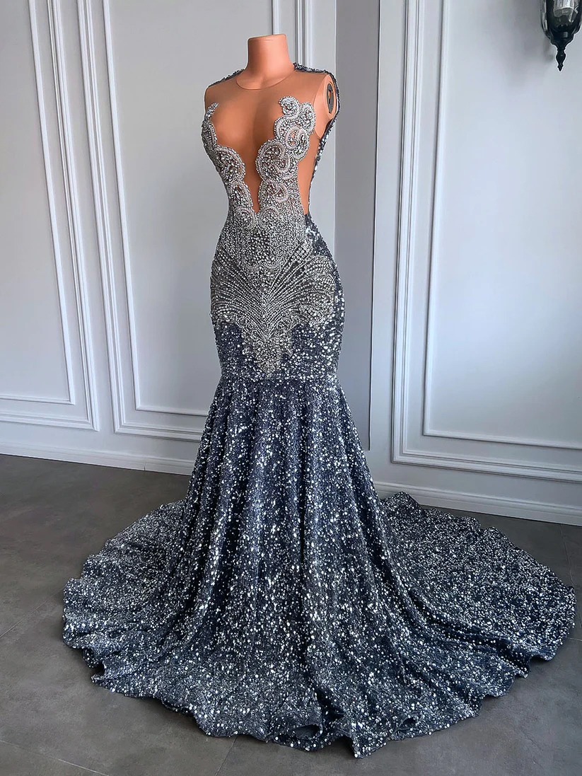 Luxurous Long Sparkly Prom Dresses Sheer O-neck Luxury Silver Crystals Diamond Sequin Mermaid Black Ladies Prom Party Gowns