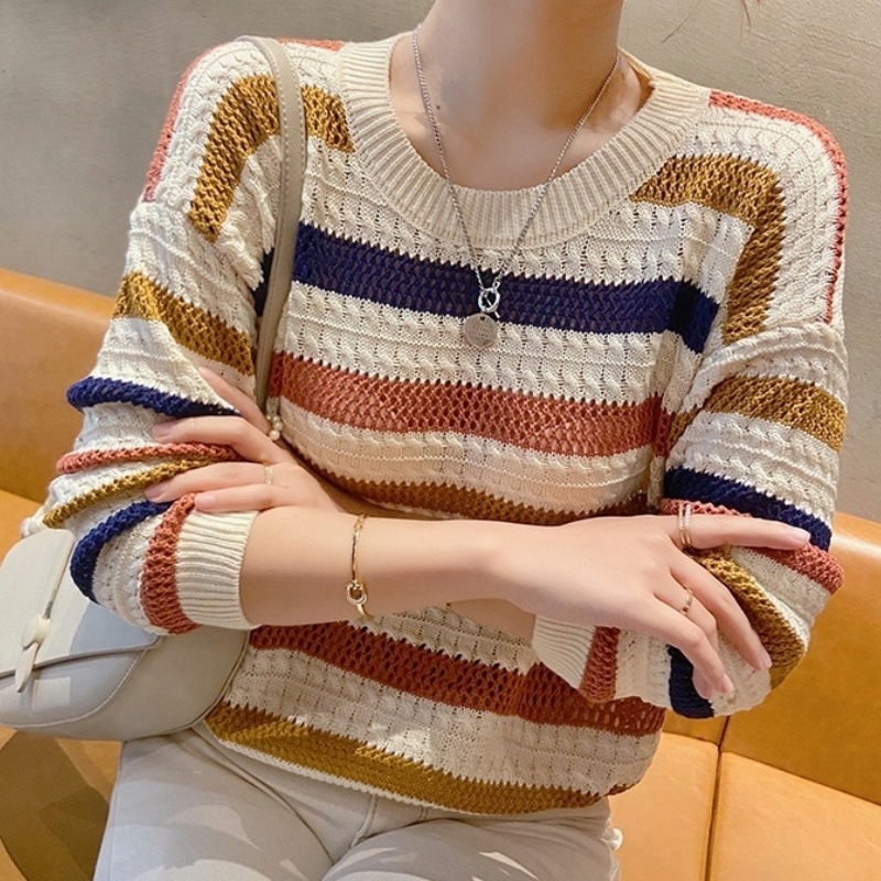 Women's Top 2024 nouveau pull femme printemps et automne nouveau creux couleur rayure femmes tricots ample décontracté mode contraste couleur mince haut