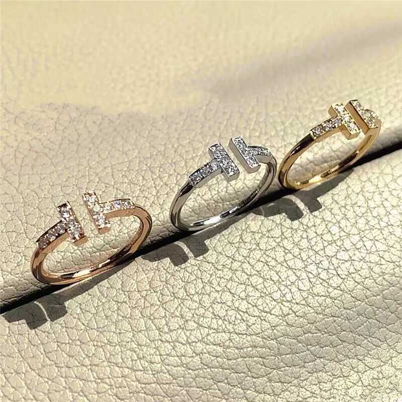 Anello a doppia T con diamante pieno della famiglia T saperto in oro rosa 18 carati placcato in argento puro con anello in cristallo versatile stile T a forma di diamante