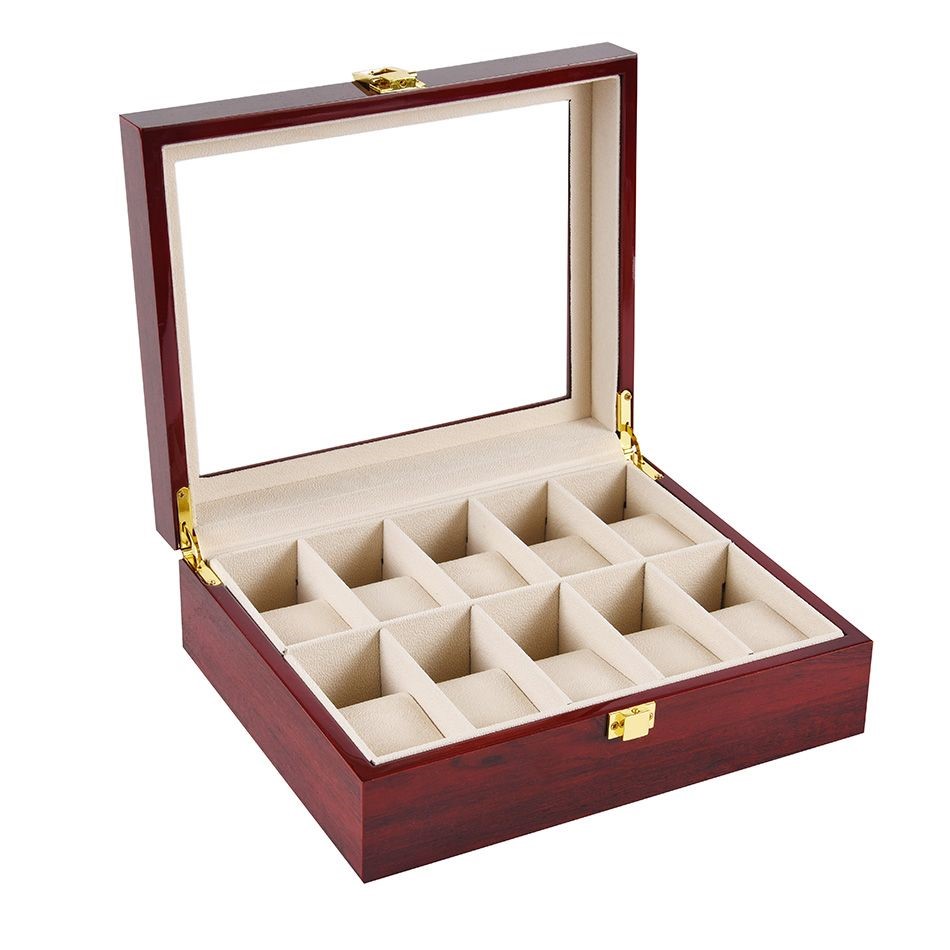 Caja de almacenamiento para reloj con 2, 3, 5, 6, 10 y 12 ranuras, caja de cristal de madera roja y negra, expositor de pulsera, soporte para relojes, ataúd 2 3092