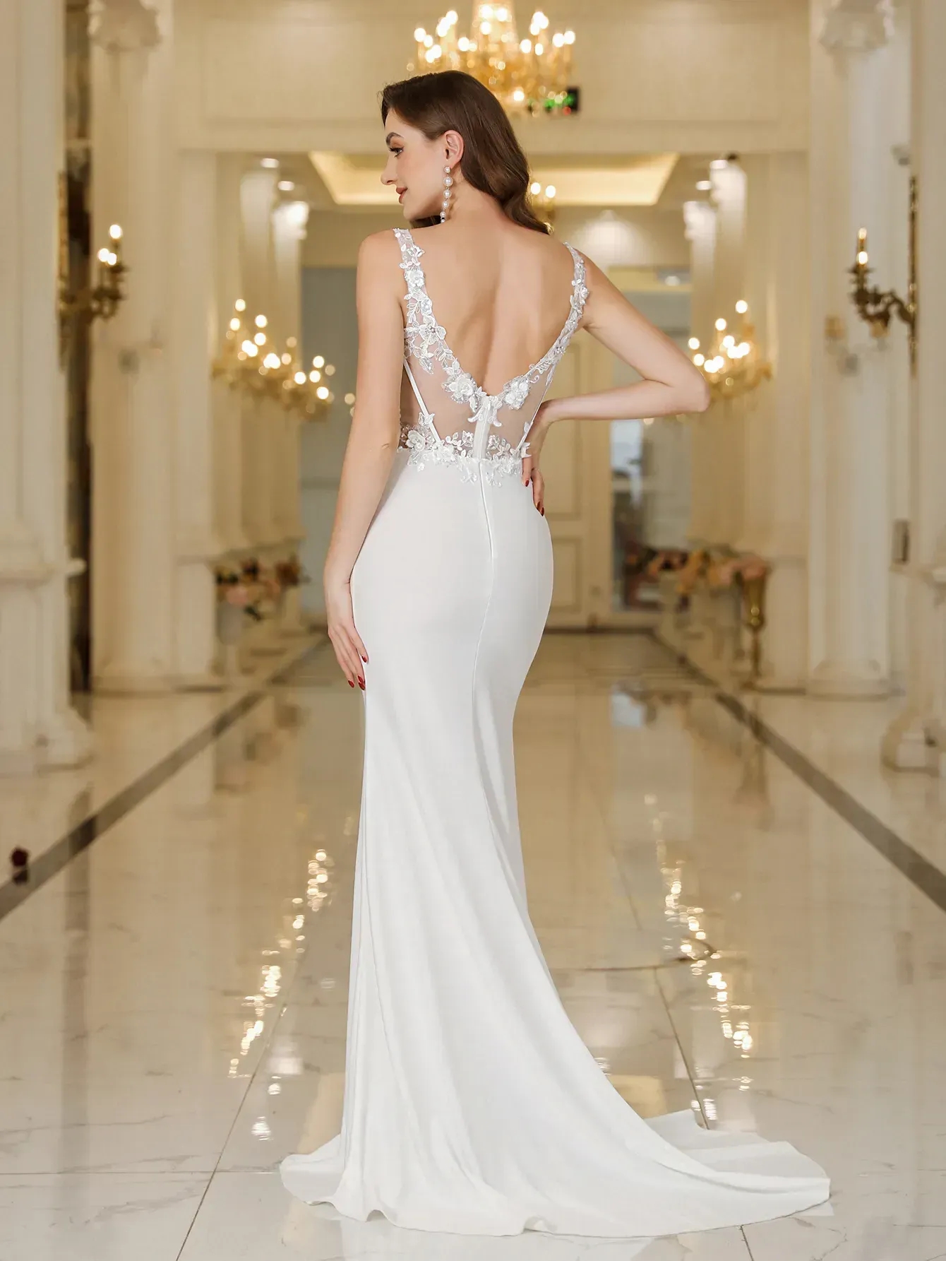 Sexy Backless Mermaid Wedding Dresses Deep V Neck Appliques Ivory Bridal Gowns Sweep Train Robes Under 50 CPS3040
