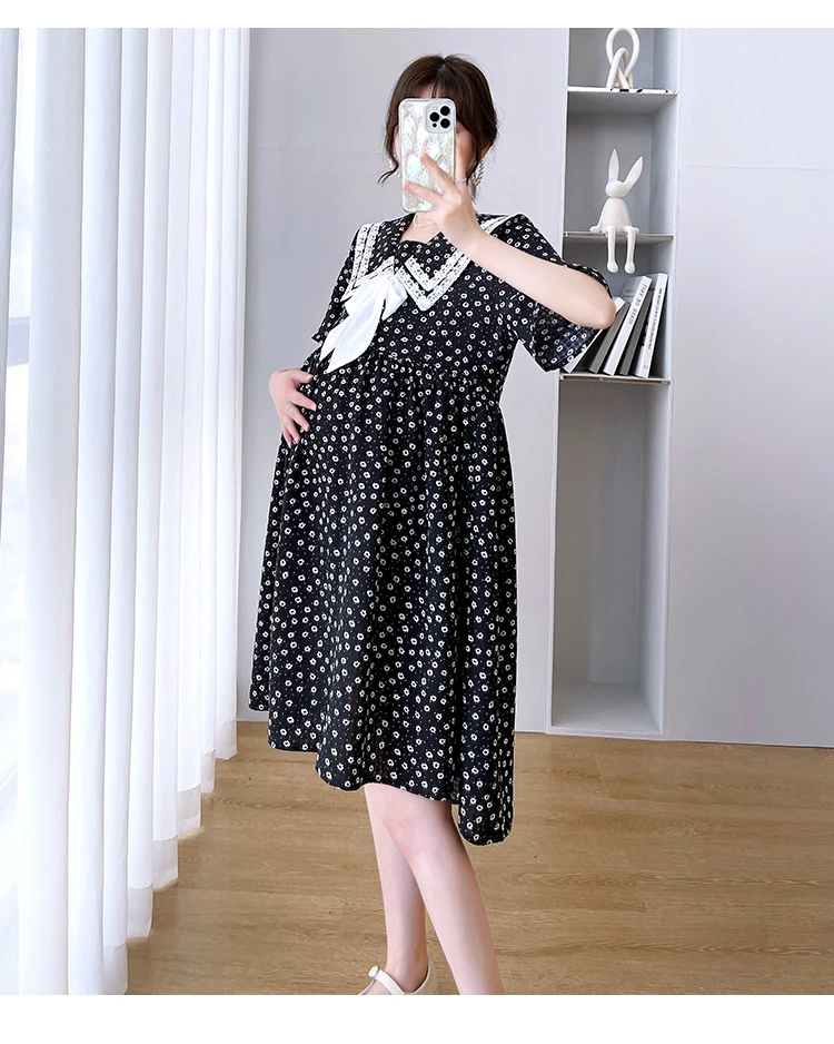 Dresses 2022 Summer Loose Pregnant Women Beautiful Dress With Bow Short Sleeve Sailor Collar Lace Patchwork Maternity Floral Dress Cute