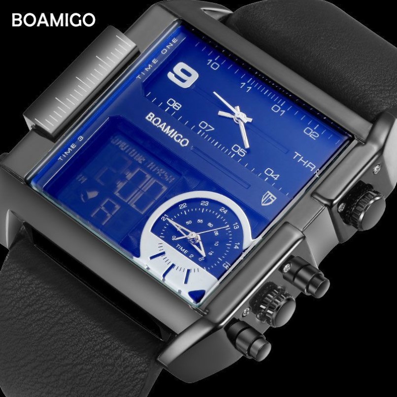 Бренд Boamigo Мужские спортивные часы 3 часовых пояса Big Man Модные военные светодиодные часы Кожаные кварцевые наручные часы Relogio Masculino J190184h