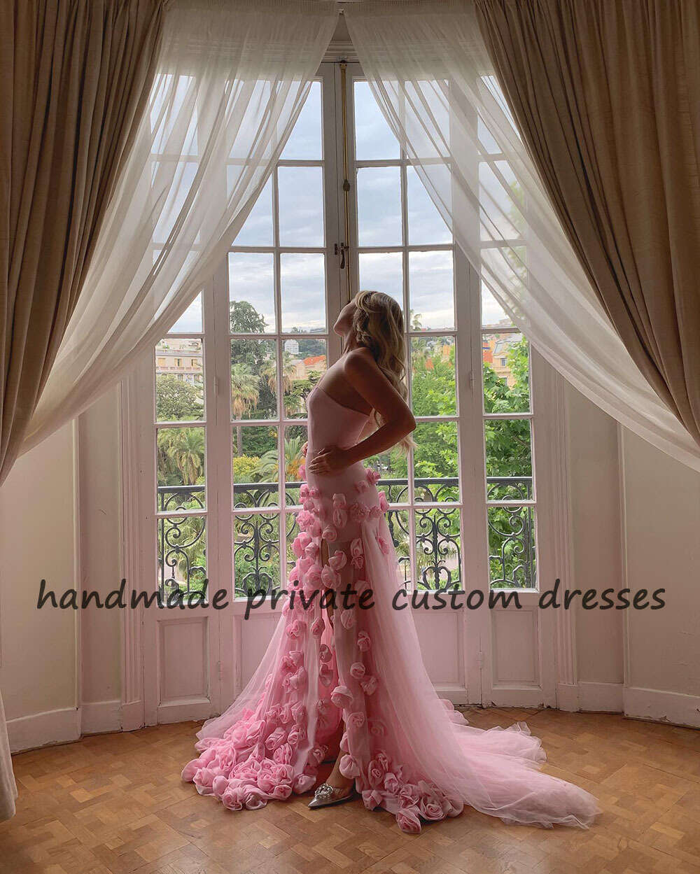 Robe de soirée sirène rose, tenue de soirée féerique, fendue sur le côté, en Tulle, fleur faite à la main, robe de soirée, chérie, robes de bal