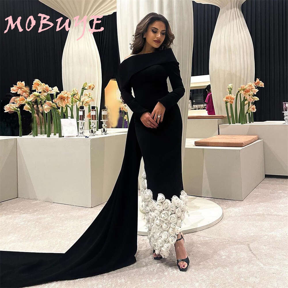 Mobuye 2024 POPULÄR AV SHOULDEN PROM Ankle-längd med blommor Evening Fashion Elegant Party Dress for Women